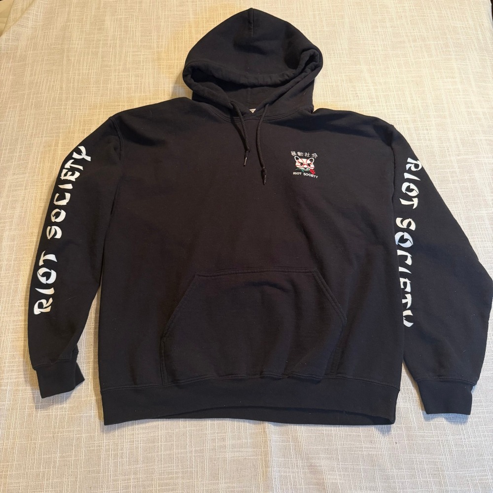 Riot Society Mens Black Graphic Hoodie Panda Mask Rose Japanese Text Size L